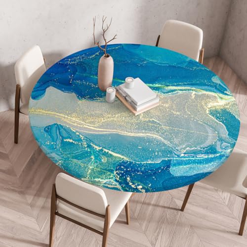 Treer 3D Elastische Tischdecke Rund Abwaschbar, Outdoor Picknick Spanntischdecke Rund Gartentischdecke Round Tischdecke mit Gummizug für Küche, Esszimmer Kneipe (Wasser,80 cm) von Treer