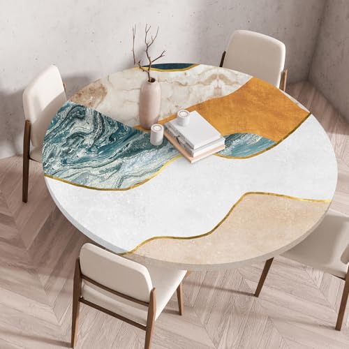 Treer 3D Elastische Tischdecke Rund Abwaschbar, Outdoor Picknick Spanntischdecke Rund Gartentischdecke Round Tischdecke mit Gummizug für Küche, Esszimmer Kneipe (Welle,60 cm) von Treer