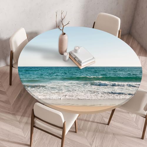 Treer 3D Elastische Tischdecke Rund Abwaschbar, Spanntischdecke Rund Gartentischdecke Outdoor Round Tischdecke mit Gummizug für Küche, Esszimmer und Picknick (Meer,80 cm) von Treer