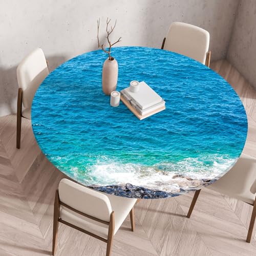 Treer 3D Elastische Tischdecke Rund Abwaschbar, Spanntischdecke Rund Gartentischdecke Outdoor Round Tischdecke mit Gummizug für Küche, Esszimmer und Picknick (Meeresoberfläche,140 cm) von Treer