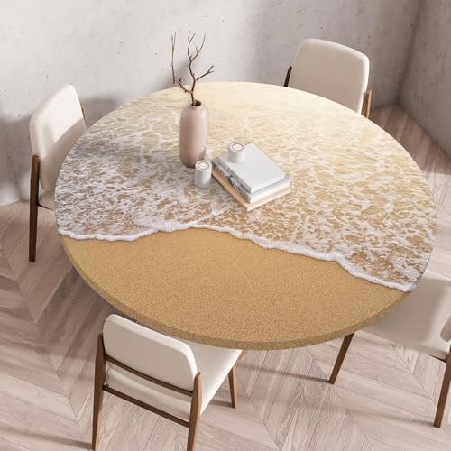 Treer 3D Elastische Tischdecke Rund Abwaschbar, Spanntischdecke Rund Gartentischdecke Outdoor Round Tischdecke mit Gummizug für Küche, Esszimmer und Picknick (Sand,120 cm) von Treer