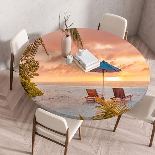Treer 3D Elastische Tischdecke Rund Abwaschbar, Spanntischdecke Rund Gartentischdecke Outdoor Round Tischdecke mit Gummizug für Küche, Esszimmer und Picknick (Sonnenuntergang,80 cm) von Treer