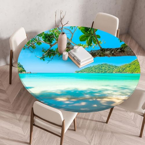 Treer 3D Elastische Tischdecke Rund Abwaschbar, Spanntischdecke Rund Gartentischdecke Outdoor Round Tischdecke mit Gummizug für Küche, Esszimmer und Picknick (Strand,130 cm) von Treer