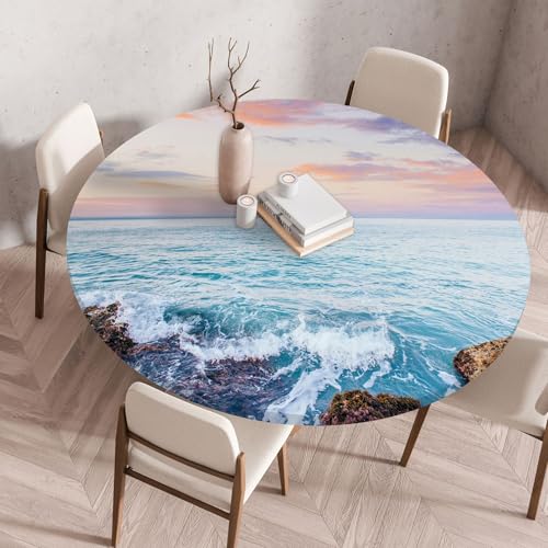 Treer 3D Elastische Tischdecke Rund Abwaschbar, Spanntischdecke Rund Gartentischdecke Outdoor Round Tischdecke mit Gummizug für Küche, Esszimmer und Picknick (Wasser,80 cm) von Treer