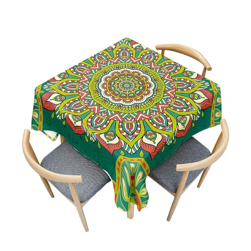 Treer 3D Ethnischen Stil Tischdecke Abwaschbar, Tischdecke Polyester Haben Lotuseffekt, Spritzfest Tischdecke für Küchendekoration Eckig Tablecloth Picknick Freien (Grün,120x120cm) von Treer