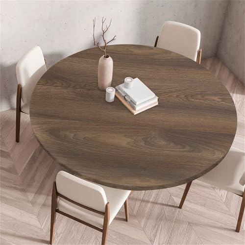 Treer 3D-Holzmaserung Stil Tischdecke Outdoor Rund, Lotuseffekt Tischdecke Abwaschbar Elastisch Rund Gartentischdecke, für Garten, Küche, Esstisch, Parteien Tischdecken (Dunkelbraun,140cm) von Treer