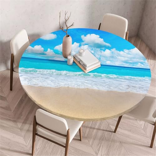 Treer 3D-Meereslandschaftsdruck Tischdecke Outdoor Rund, Lotuseffekt Tischdecke Abwaschbar Elastisch Rund Gartentischdecke, für Garten, Küche, Esstisch, Parteien Tischdecken (Strand 4,180cm) von Treer