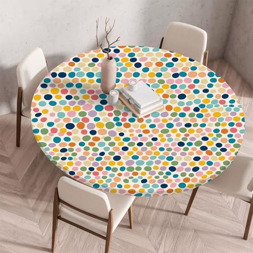Treer Bunter Polka Dot-Stil Tischdecke, Lotuseffekt Tischdecke Abwaschbar Elastisch Rund Gartentischdecke, für Küche,Esstisch,Parteien Wiederverwendbar Outdoor Tischdecken (Mehrfarbig,110cm) von Treer