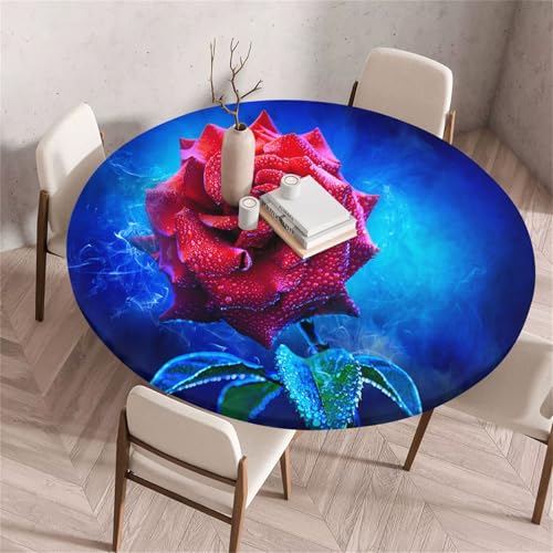 Treer Bunter Rosendruck Tischdecke Outdoor Rund, Lotuseffekt Tischdecke Abwaschbar Elastisch Rund Gartentischdecke, für Garten, Küche, Esstisch, Parteien Tischdecken (Blau,120cm) von Treer