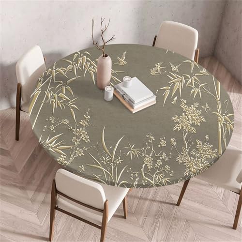 Treer Chinesischer Stil Landschaft Tischdecke Outdoor Rund, Lotuseffekt Tischdecke Abwaschbar Elastisch Rund Gartentischdecke, für Garten,Küche,Esstisch,Parteien Tischdecken (Bambus,90cm) von Treer