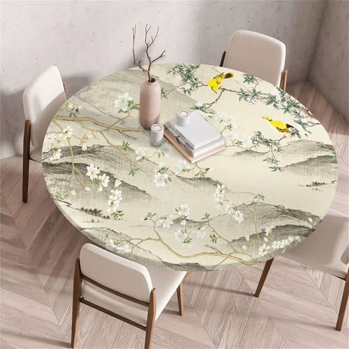 Treer Chinesischer Stil Landschaft Tischdecke Outdoor Rund, Lotuseffekt Tischdecke Abwaschbar Elastisch Rund Gartentischdecke, für Garten,Küche,Esstisch,Parteien Tischdecken (Berge,60cm) von Treer