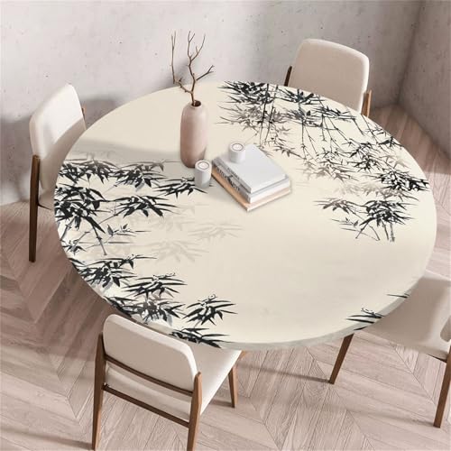 Treer Chinesischer Stil Landschaft Tischdecke Outdoor Rund, Lotuseffekt Tischdecke Abwaschbar Elastisch Rund Gartentischdecke, für Garten,Küche,Esstisch,Parteien Tischdecken (Blätter,170cm) von Treer