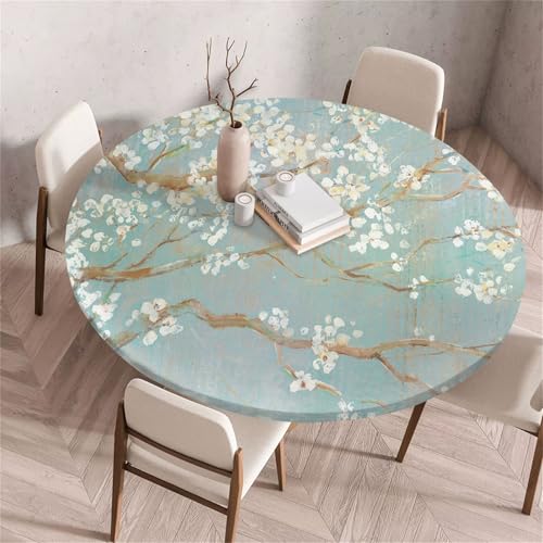 Treer Chinesischer Stil Landschaft Tischdecke Outdoor Rund, Lotuseffekt Tischdecke Abwaschbar Elastisch Rund Gartentischdecke, für Garten,Küche,Esstisch,Parteien Tischdecken (Blau,80cm) von Treer