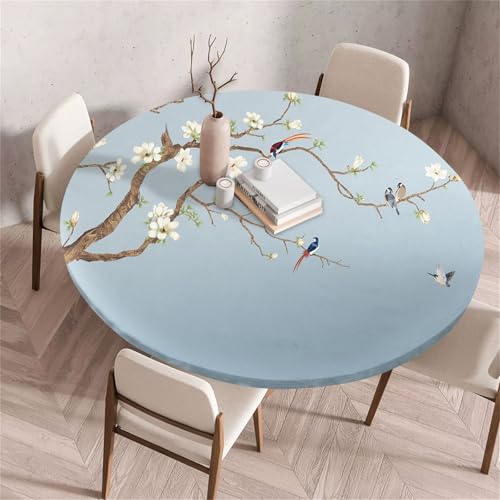 Treer Chinesischer Stil Landschaft Tischdecke Outdoor Rund, Lotuseffekt Tischdecke Abwaschbar Elastisch Rund Gartentischdecke, für Garten,Küche,Esstisch,Parteien Tischdecken (Blumen,90cm) von Treer