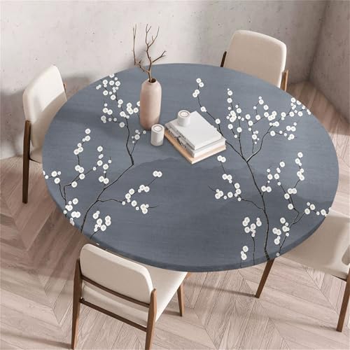 Treer Chinesischer Stil Landschaft Tischdecke Outdoor Rund, Lotuseffekt Tischdecke Abwaschbar Elastisch Rund Gartentischdecke, für Garten,Küche,Esstisch,Parteien Tischdecken (Dunkelgrau,80cm) von Treer