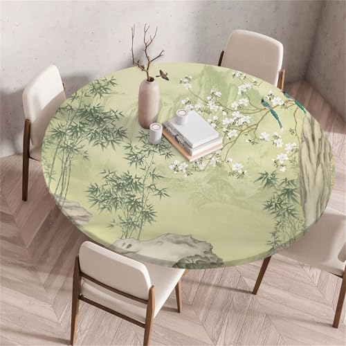 Treer Chinesischer Stil Landschaft Tischdecke Outdoor Rund, Lotuseffekt Tischdecke Abwaschbar Elastisch Rund Gartentischdecke, für Garten,Küche,Esstisch,Parteien Tischdecken (Grüne Blätter,80cm) von Treer