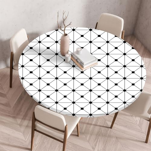 Treer Einfacher Rasterdruck Tischdecke Outdoor, Lotuseffekt Tischdecke Abwaschbar Elastisch Rund Gartentischdecke, für Küche,Esstisch,Parteien Wiederverwendbar Tischdecken (Schwarz-Weiß,110cm) von Treer