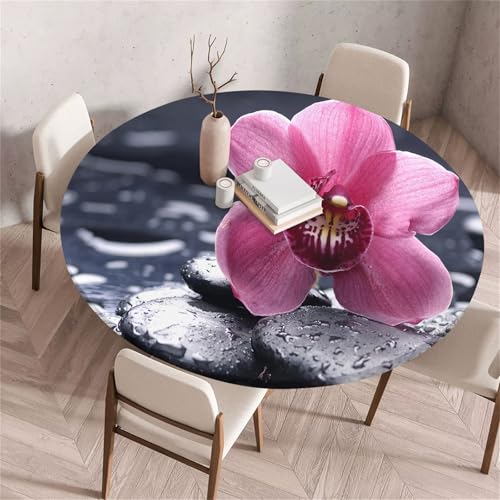 Treer Einfacher Sakura-Druck Tischdecke Outdoor Rund, Lotuseffekt Tischdecke Abwaschbar Elastisch Rund Gartentischdecke, für Garten, Küche, Esstisch, Parteien Tischdecken (Grau,170cm) von Treer