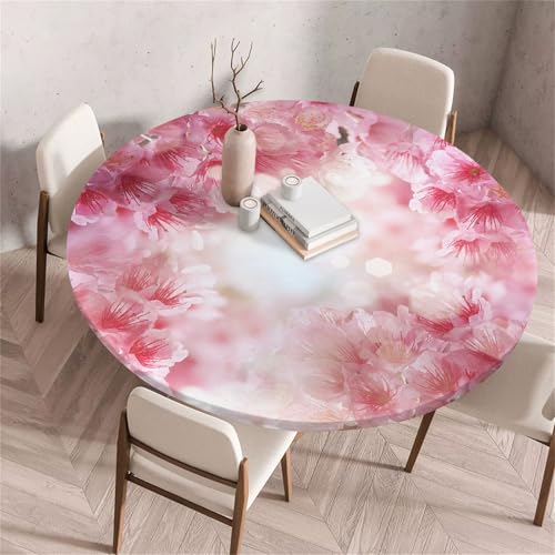 Treer Einfacher Sakura-Druck Tischdecke Outdoor Rund, Lotuseffekt Tischdecke Abwaschbar Elastisch Rund Gartentischdecke, für Garten, Küche, Esstisch, Parteien Tischdecken (Sakura 2,170cm) von Treer