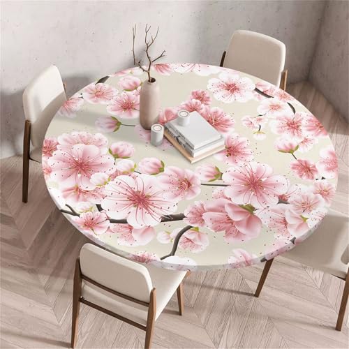Treer Einfacher Sakura-Druck Tischdecke Outdoor Rund, Lotuseffekt Tischdecke Abwaschbar Elastisch Rund Gartentischdecke, für Garten, Küche, Esstisch, Parteien Tischdecken (Sakura 4,170cm) von Treer