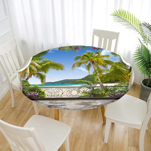 Treer Elastische Tischdecke Rund Abwaschbar, 3D Outdoor Picknick Spanntischdecke Rund Gartentischdecke Round Tischdecke mit Gummizug für Dekoration Küche Camping (Balkon,170cm) von Treer