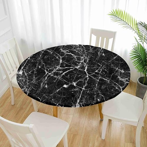 Treer Elastische Tischdecke Rund Abwaschbar, 3D Outdoor Picknick Spanntischdecke Rund Gartentischdecke Round Tischdecke mit Gummizug für Dekoration Küche Camping (Marmor 3,200cm) von Treer