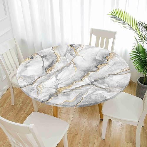 Treer Elastische Tischdecke Rund Abwaschbar, 3D Outdoor Picknick Spanntischdecke Rund Gartentischdecke Round Tischdecke mit Gummizug für Dekoration Küche Camping (Marmor 5,120cm) von Treer