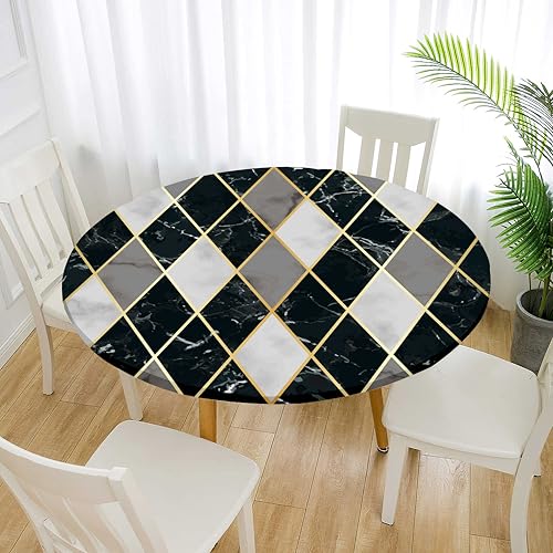 Treer Elastische Tischdecke Rund Abwaschbar, 3D Outdoor Picknick Spanntischdecke Rund Gartentischdecke Round Tischdecke mit Gummizug für Dekoration Küche Picknick (Geometrie 3,60cm) von Treer
