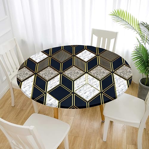 Treer Elastische Tischdecke Rund Abwaschbar, 3D Outdoor Picknick Spanntischdecke Rund Gartentischdecke Round Tischdecke mit Gummizug für Dekoration Küche Picknick (Geometrie 4,100cm) von Treer