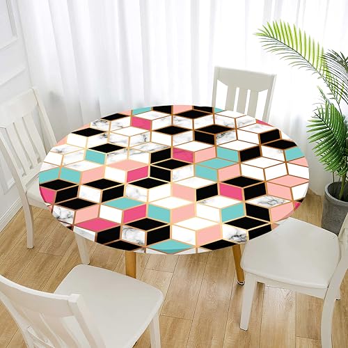Treer Elastische Tischdecke Rund Abwaschbar, 3D Outdoor Picknick Spanntischdecke Rund Gartentischdecke Round Tischdecke mit Gummizug für Dekoration Küche Picknick (Geometrie 6,90cm) von Treer