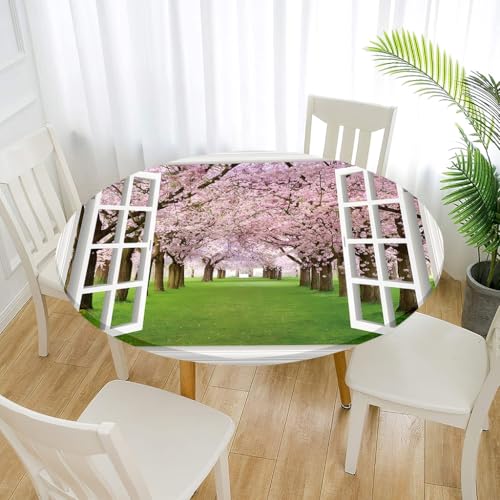 Treer Elastische Tischdecke Rund Abwaschbar, 3D Outdoor Picknick Spanntischdecke Rund Gartentischdecke Round Tischdecke mit Gummizug für Dekoration Küche Picknick (Kirschblüte,70cm) von Treer