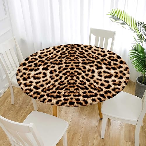 Treer Elastische Tischdecke Rund Abwaschbar, 3D Outdoor Picknick Spanntischdecke Rund Gartentischdecke Round Tischdecke mit Gummizug für Dekoration Küche Picknick (Leopardenmuster 5,90cm) von Treer