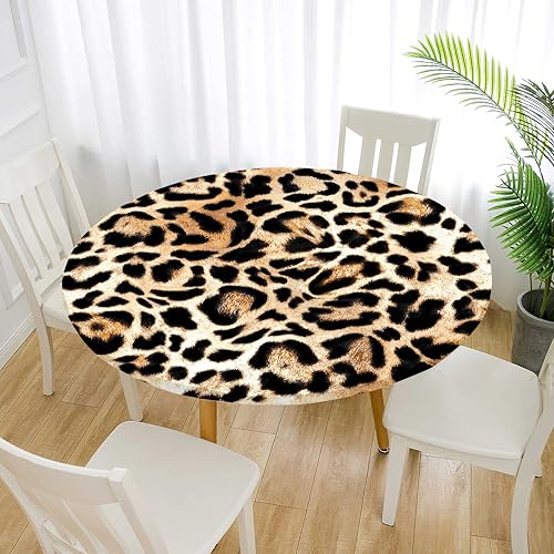 Treer Elastische Tischdecke Rund Abwaschbar, 3D Outdoor Picknick Spanntischdecke Rund Gartentischdecke Round Tischdecke mit Gummizug für Dekoration Küche Picknick (Leopardenmuster 6,80cm) von Treer