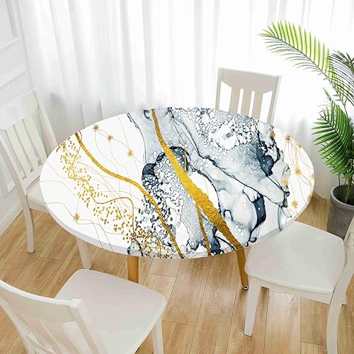 Treer Elastische Tischdecke Rund Abwaschbar, 3D Outdoor Picknick Spanntischdecke Rund Gartentischdecke Round Tischdecke mit Gummizug für Dekoration Küche Picknick (Marmor-1,80cm) von Treer