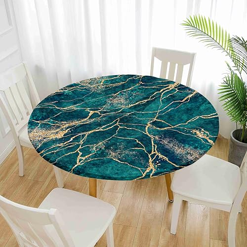 Treer Elastische Tischdecke Rund Abwaschbar, 3D Outdoor Picknick Spanntischdecke Rund Gartentischdecke Round Tischdecke mit Gummizug für Dekoration Küche Picknick (Marmor-2,110cm) von Treer