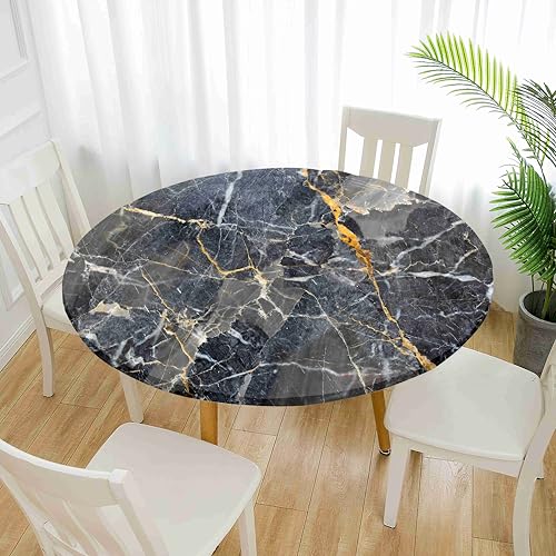 Treer Elastische Tischdecke Rund Abwaschbar, 3D Outdoor Picknick Spanntischdecke Rund Gartentischdecke Round Tischdecke mit Gummizug für Dekoration Küche Picknick (Marmor-3,80cm) von Treer