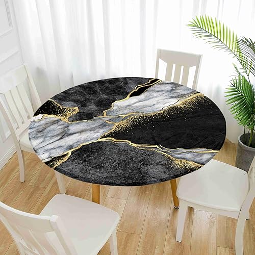 Treer Elastische Tischdecke Rund Abwaschbar, 3D Outdoor Picknick Spanntischdecke Rund Gartentischdecke Round Tischdecke mit Gummizug für Dekoration Küche Picknick (Marmor-4,70cm) von Treer