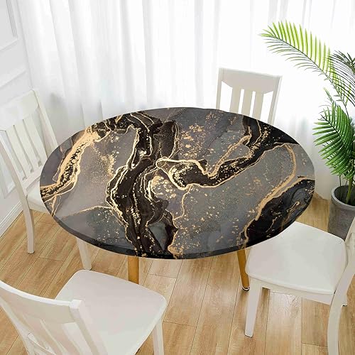 Treer Elastische Tischdecke Rund Abwaschbar, 3D Outdoor Picknick Spanntischdecke Rund Gartentischdecke Round Tischdecke mit Gummizug für Dekoration Küche Picknick (Marmor-5,90cm) von Treer
