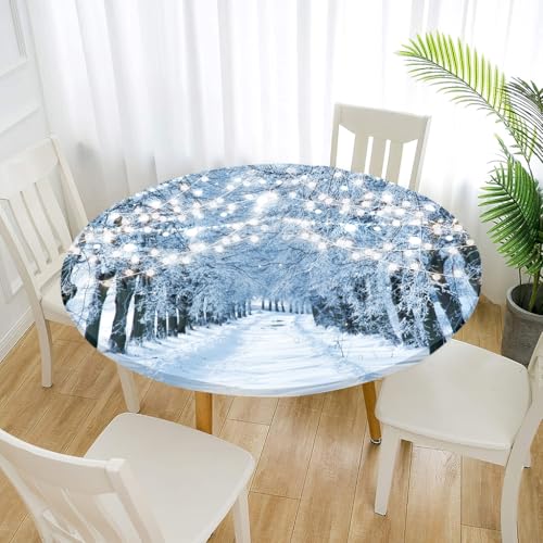 Treer Elastische Tischdecke Rund Abwaschbar, 3D Outdoor Picknick Spanntischdecke Rund Gartentischdecke Round Tischdecke mit Gummizug für Dekoration Küche Picknick (Schnee,180cm) von Treer