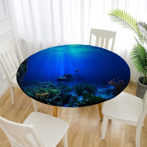 Treer Elastische Tischdecke Rund Abwaschbar, 3D Outdoor Picknick Spanntischdecke Rund Gartentischdecke Round Tischdecke mit Gummizug für Dekoration Küche Picknick (Tiefsee,60cm) von Treer