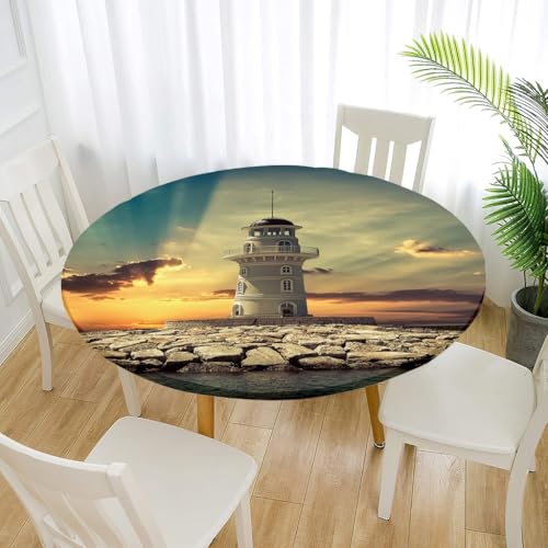 Treer Elastische Tischdecke Rund Abwaschbar, 3D Outdoor Picknick Spanntischdecke Rund Gartentischdecke Round Tischdecke mit Gummizug für Dekoration Küche Picknick (Turm,90cm) von Treer