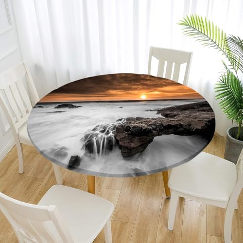 Treer Elastische Tischdecke Rund Abwaschbar, 3D Outdoor Picknick Spanntischdecke Rund Gartentischdecke Round Tischdecke mit Gummizug für Dekoration Küche Picknick (Wasserfall-,90cm) von Treer