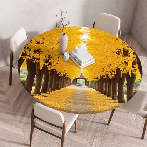 Treer Europäischer Stil Landschaft Tischdecke Outdoor Rund, Lotuseffekt Tischdecke Abwaschbar Elastisch Rund Gartentischdecke, für Garten,Küche,Esstisch,Parteien Tischdecken (Ahornblätter,170cm) von Treer