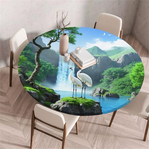 Treer Europäischer Stil Landschaft Tischdecke Outdoor Rund, Lotuseffekt Tischdecke Abwaschbar Elastisch Rund Gartentischdecke, für Garten,Küche,Esstisch,Parteien Tischdecken (Berge,90cm) von Treer