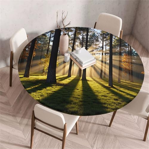 Treer Europäischer Stil Landschaft Tischdecke Outdoor Rund, Lotuseffekt Tischdecke Abwaschbar Elastisch Rund Gartentischdecke, für Garten,Küche,Esstisch,Parteien Tischdecken (Sonnenschein,60cm) von Treer