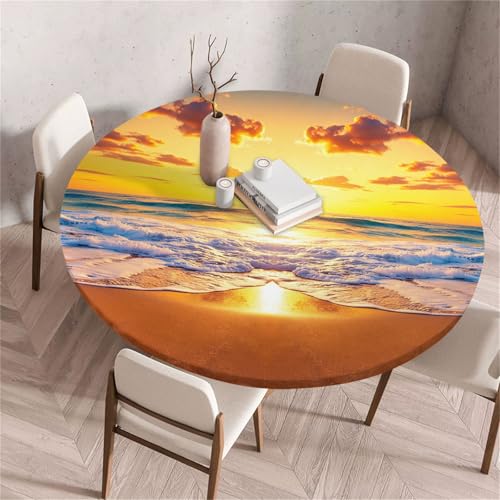 Treer Europäischer Stil Landschaft Tischdecke Outdoor Rund, Lotuseffekt Tischdecke Abwaschbar Elastisch Rund Gartentischdecke, für Garten,Küche,Esstisch,Parteien Tischdecken (Sonnenuntergang,60cm) von Treer