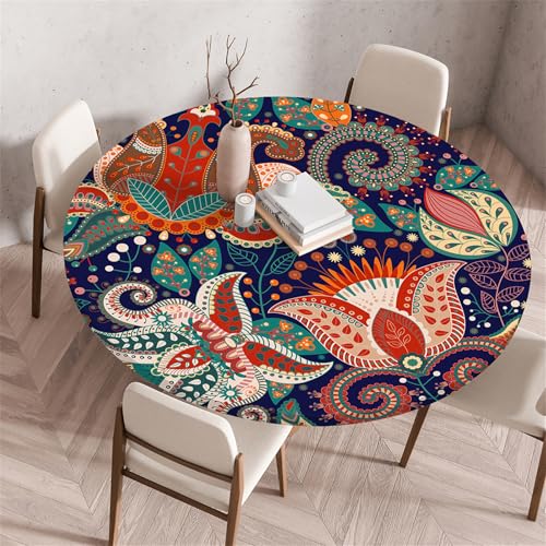 Treer Farbenfroher Ethno-Stil Tischdecke Outdoor, Lotuseffekt Tischdecke Abwaschbar Elastisch Rund Gartentischdecke, für Küche,Esstisch,Parteien Wiederverwendbar Tischdecken (Bunt,100cm) von Treer
