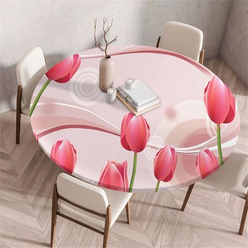Treer Farbenfroher Pflanzenstil Tischdecke Outdoor Rund, Lotuseffekt Tischdecke Abwaschbar Elastisch Rund Gartentischdecke, für Garten, Küche, Esstisch, Parteien Tischdecken (Tulpe,200cm) von Treer