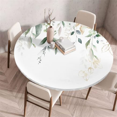 Treer Farbenfroher Pflanzenstil Tischdecke Outdoor Rund, Lotuseffekt Tischdecke Abwaschbar Elastisch Rund Gartentischdecke, für Garten, Küche, Esstisch, Parteien Tischdecken (Weiß,180cm) von Treer