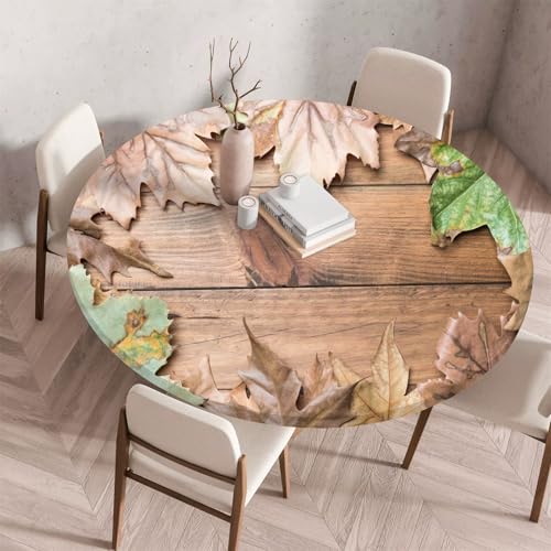 Treer Holzmaserung Textur Druck Tischdecke,Lotuseffekt Tischdecke Abwaschbar Elastisch Rund Gartentischdecke,für Küche,Esstisch,Parteien Wiederverwendbar Outdoor Tischdecken (Ahornblatt,140cm) von Treer